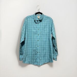 LL Bean Men's Shirt Teal Blue Plaid Traditional Fit Large Regular Wrinkle Free‎